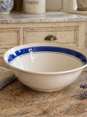 Vintage Double Blue Band Ceramic Serving Bowl. Speckled | Classic | 9” Ivory